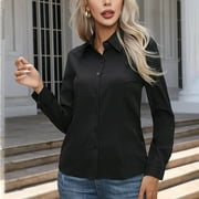 Blmnix Work Fancy Tops for Women Black Button Down V-Neck Long Sleeve Solid Blouse Juniors Blouses Going Out