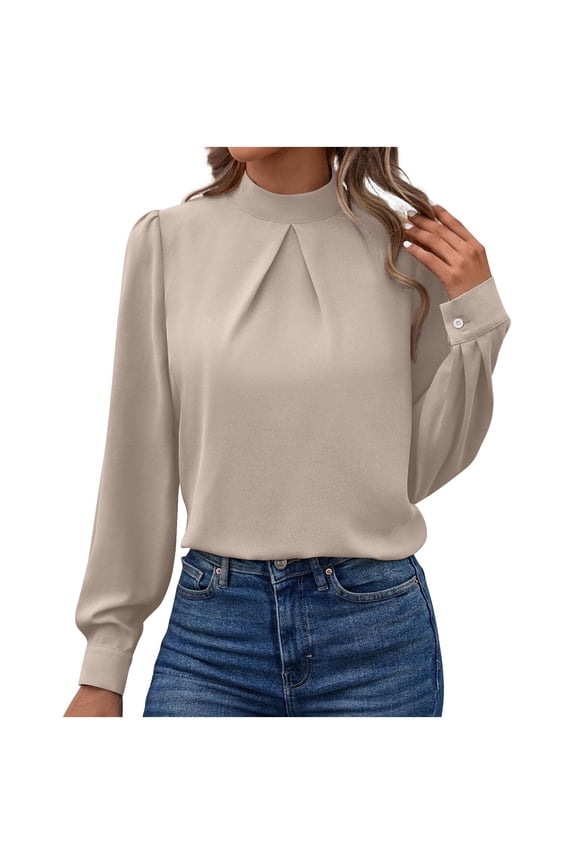 Work Fitted Tees for Women Beige Slim V Neck Shirts for Women High Neck Long Sleeve Blouses