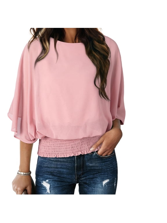 Work Loose Workout Tops for Women Smocked 2025 Pink 3/4 Sleeve Women's Shirts Crew Neck Blouse
