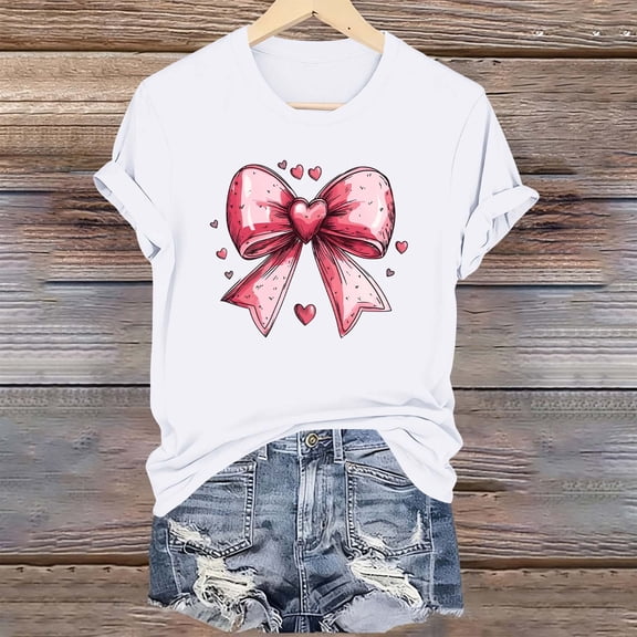 Blmnix Work Shirts for Women Pullover Valentine Cotton Shirt Short Sleeve White Crew Neck Club Tops for Women