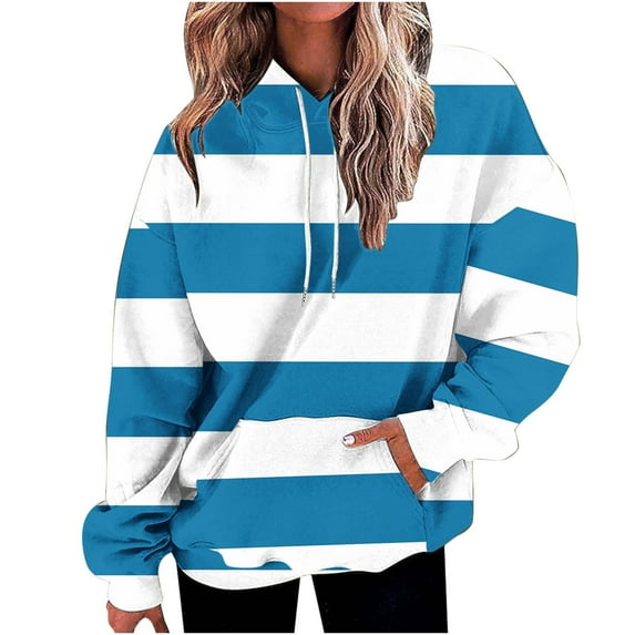 Blmnix Workout Plus Y2k Hoodie Striped Light Blue Pocket Teacher Blouses for Women Hoodie Hooded Long Sleeve Tops