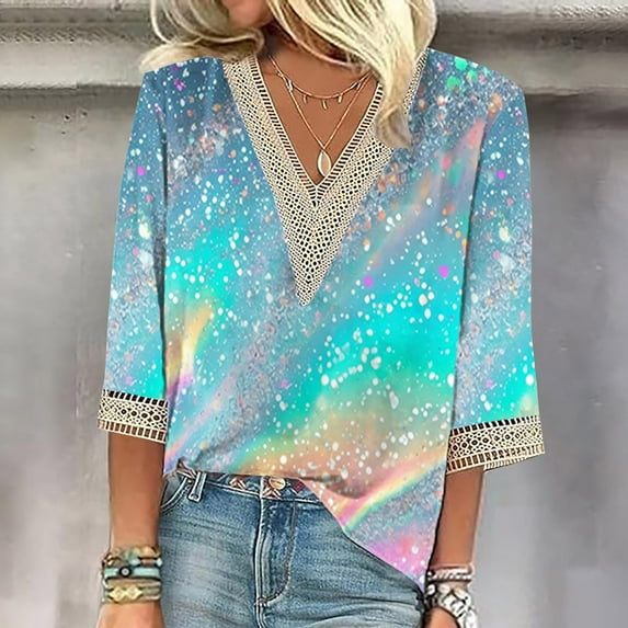 Blmnix Workout Tops V-Neck Sequin Gradient Elbow-Length Blouse Fall Blouse