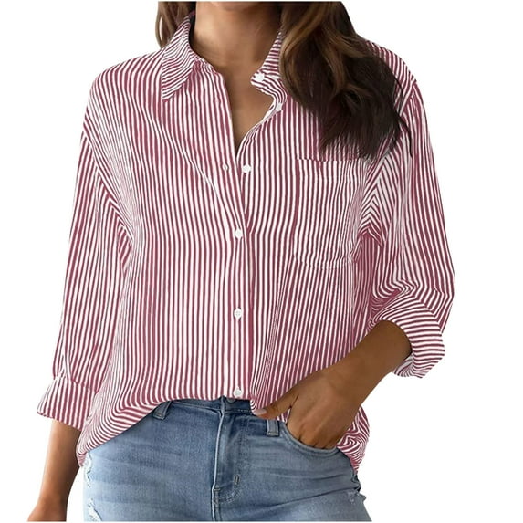 Blmnix Workwear Plus Size Tshirts for Women Pinstripe Graphic T Shirts Long Sleeve V-Neck Blouses