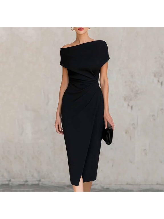 Wrap Dress for Women Cocktail Business Casual Dress One Shoulder Petticoat Black Short Sleeve Mid-Length Boat Neck Casual Summer Dresses for Women XL