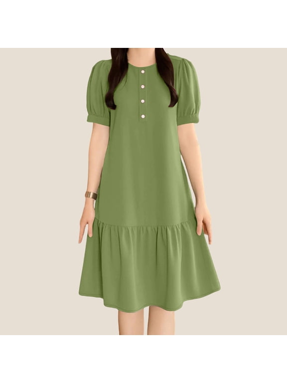 Wrap Dress Women's Dresses Button Down Peplum Midi Dresses Petticoat Short Sleeve Crew Neck Green Mid-Length Adaptable Womens Dresses Casual L