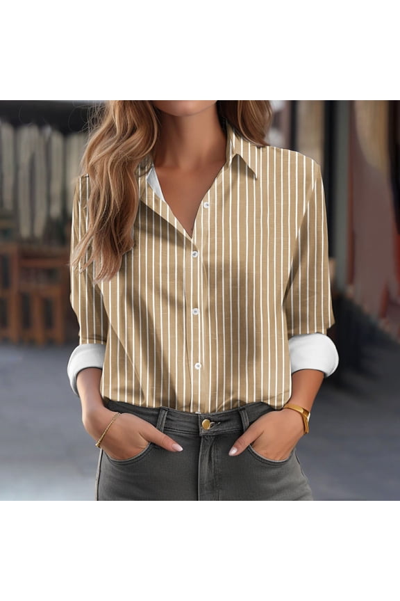 Yellow Button Up Shirt Women Draped Pinstripe Women’s Plus Size Tops Long Sleeve V-Neck Blouses