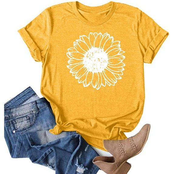 Blmnix Yellow Casual Tops for Women Short Sleeve Crew Neck Floral Graphic Loose T-Shirts Fashion Tees