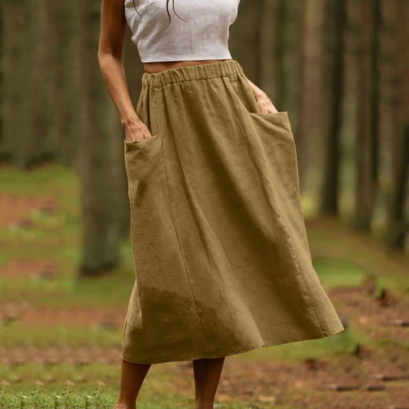 Blmnix Yellow Spring Skirts for Women Long Work Cotton Linen with Pockets A-line Ladies Skirts High Waist, S-XXL