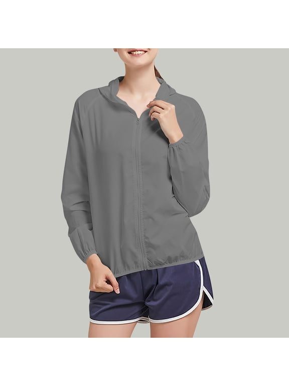 Zip Up Jacket Women UV Protection Waterproof Sport Running Jackets for Women Raincoats Long Sleeve Gray with Hood Jackets for Women Trendy