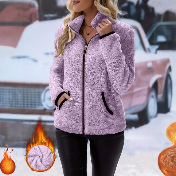 Blmnix Zip Up Jackets for Women Windbreaker Womens Fleece Jacket Sherpa with Pocket Jackets Long Sleeve Cocoon Purple Mid-Length Winter Jacket
