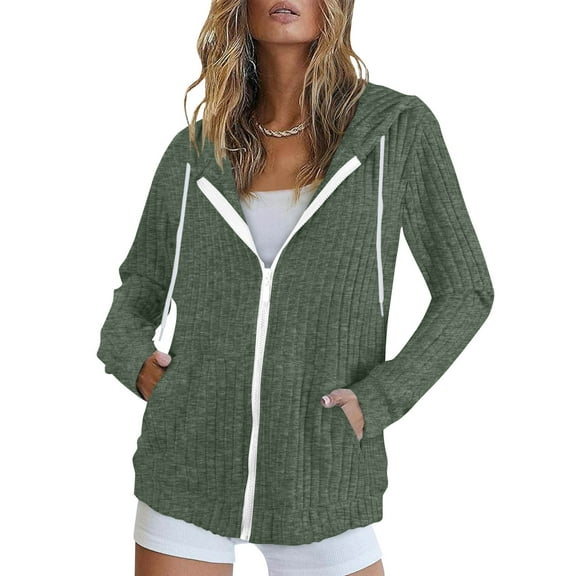 Blmnix Zip-Up Women Sweaters Green Hooded Ribbed Office Womens Dressy Tops Long Sleeve Plain Tops