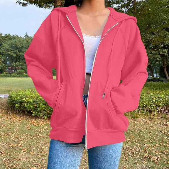 Blmnix Zip-Up Womens Sweatshirts Trendy Business Plain Pink Cute Blouses for Women Long Sleeve Streetwear Hooded Tops