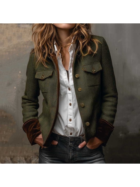 with Pockets Jackets for Women Military Jacket Suit Jackets for Women Fleece Cocoon Raincoat Button Green Long Sleeve Jackets for Women Casual