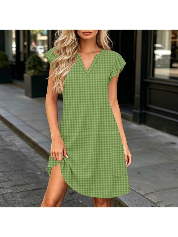 with Pockets Women's Dresses Gingham Dress Shift Peplum Dresses Short Sleeve Mini Green V-Neck Adaptable Going Out Dress S