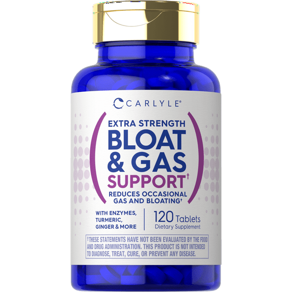Bloat & Gas Support for Men & Women | 120 Tablets | Extra Strength Supplement with Enzymes, Turmeric, Ginger & More | Vegetarian & Non-GMO | by Carlyle