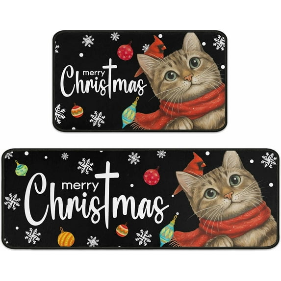 Blob Bigomi Cat Merry Christmas Kitchen Rugs Set of 2, Christmas Decorations for Home, Merry Xmas Rug Winter Mat Xmas Decor, Non-Slip Backing Low-Profile Kitchen Floor Mats (Black, 17"x47"+17"x30")