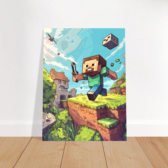 Block Adventure Hero Poster Print – Pixel Gamer Action Wall Art 8x12 UNFRAMED