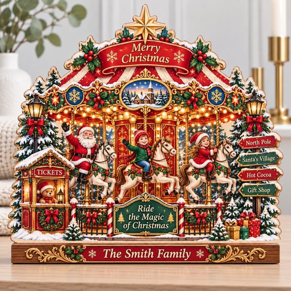 Block Christmas Carousel Wooden Shelf Sitter Personalized Family Keepsake