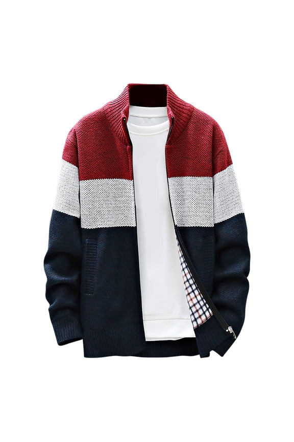 Block Color Sweater for Mens Stand Full Zip Cardigan Sweatshirts Pullover Warm Winter Plus Size Henley Jackets Coat