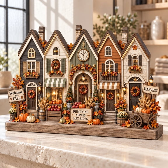 Block Decor, Autumn Village and Pumpkin Theme, Wood Tabletop Display for Fall