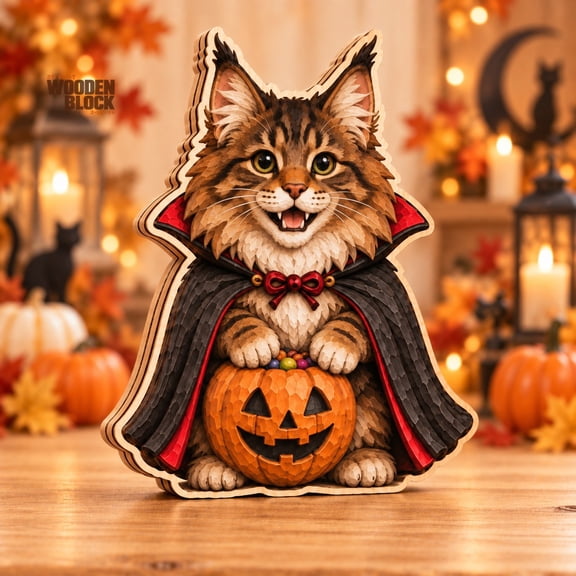 Block Decor, Maine Coon Vampire Cat 3-Layer Wooden Tabletop Accent for Halloween Fans