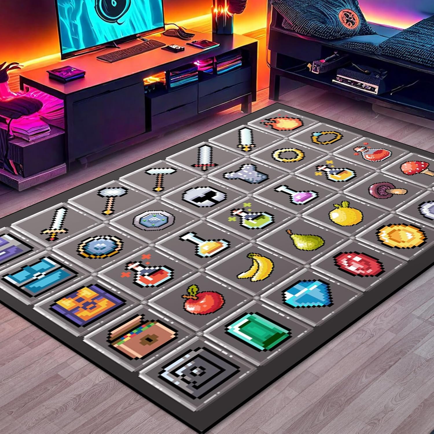 Block Game Rug Teen Boys Carpet with Pixel Game Items Decoration Mat ...