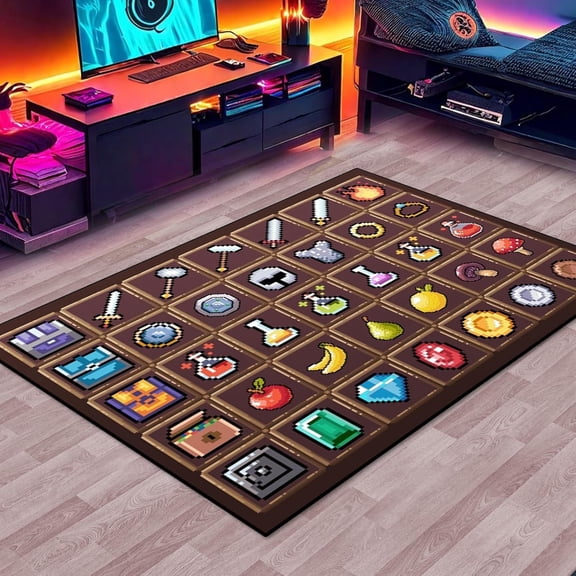 Block Game Rug Teen Boys Carpet with Pixel Game Items Decoration Mat, Block Game Rugs for Boy's Bedroom Bathroom Living Room Playroom, Non-Slip Children Gaming Area Rugs (Brown, 60" x 40")