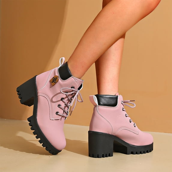 Block Heel Boots,Combat Boots for Women - Versatile Lace Up Moto Boots with Clean Structured Upper, Streamlined Profile Combat Boots, Chunky Sole Platform Boots, Streetwear Footwear for Fall Winter