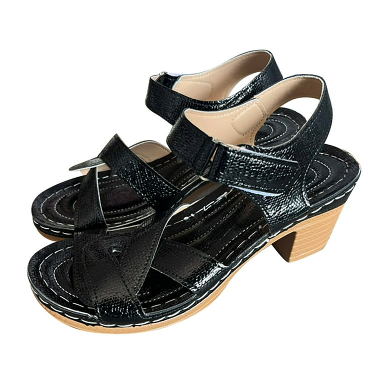 Block Heel Sandals for Women Ladies Mid High Heels Chunky Faux Leather Sandals Peep Toe Easy Fasten Walking Sandals Work Office Party Occasion Heeled Strappy Shoes Walmart