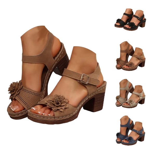 Block Heel Sandals for Women 2026 Summer Trendy 3d Flower Open Toe Ankle Strap Heeled Dress Sandals