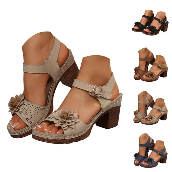 Block Heel Sandals for Women 2026 Summer Trendy 3d Flower Open Toe Ankle Strap Heeled Dress Sandals