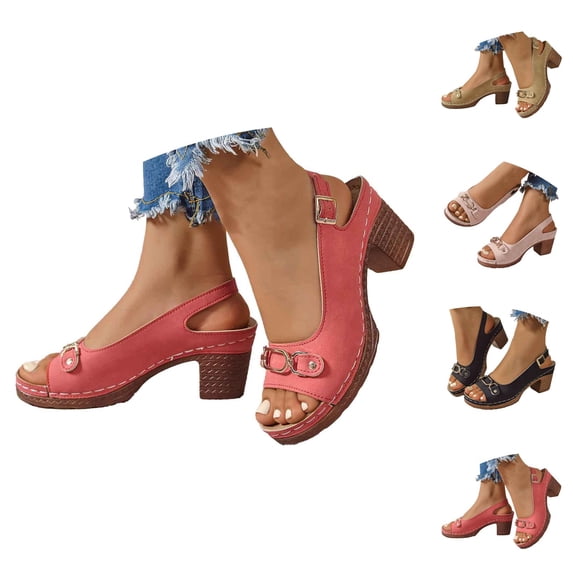 Block Heel Sandals for Women 2026 Summer Trendy Pu Leather Open Toe Slingback Heeled Dressy Sandals