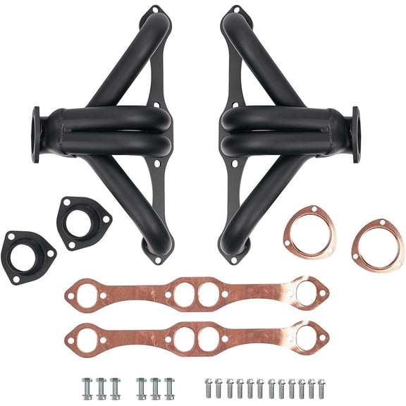 Block Hugger Headers Black Aluminized Thermal Coated Steel Copper Gaskets Center Dump Shorty SBC Chevy 283 327 350 400 V8 Hot Rod Swap Fitment 19231949 Street Rods 19551957 Chevys 19551959 Trucks