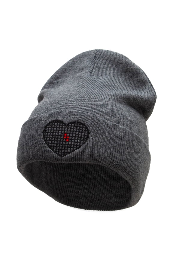 Block Inside Grid Heart Embroidered 12 Inch Long Knitted Beanie - Heather Charcoal OSFM