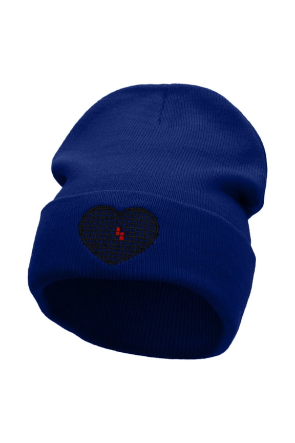 Block Inside Grid Heart Embroidered 12 Inch Long Knitted Beanie - Royal OSFM