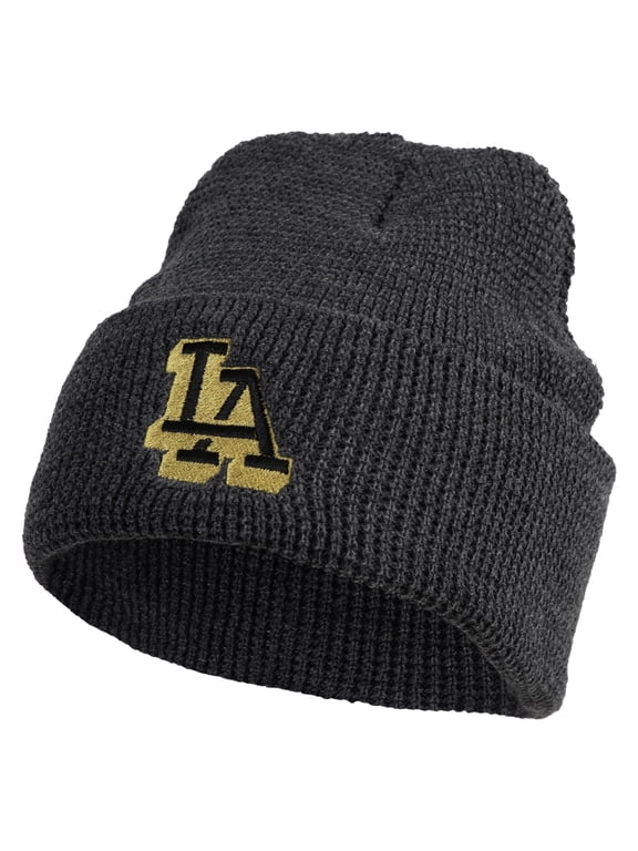Block Letter LA Embroidered Waffle Knit Cuff Beanie - Black Marled OSFM