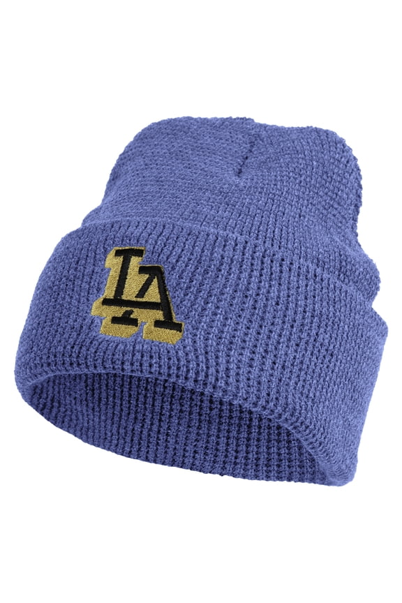Block Letter LA Embroidered Waffle Knit Cuff Beanie - Sky Blue OSFM