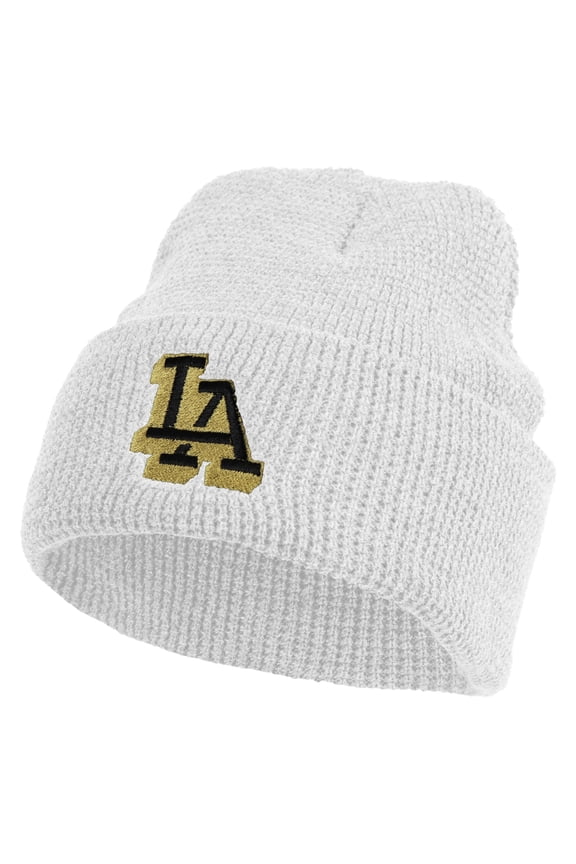 Block Letter LA Embroidered Waffle Knit Cuff Beanie - White OSFM