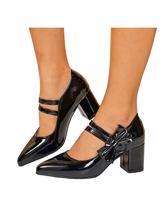 Block Low Heel Mary Jane Shoes for Women Ladies Sweet Bowknot Pumps Ankle Strap Hook and Loop Casual Dress Shoes
