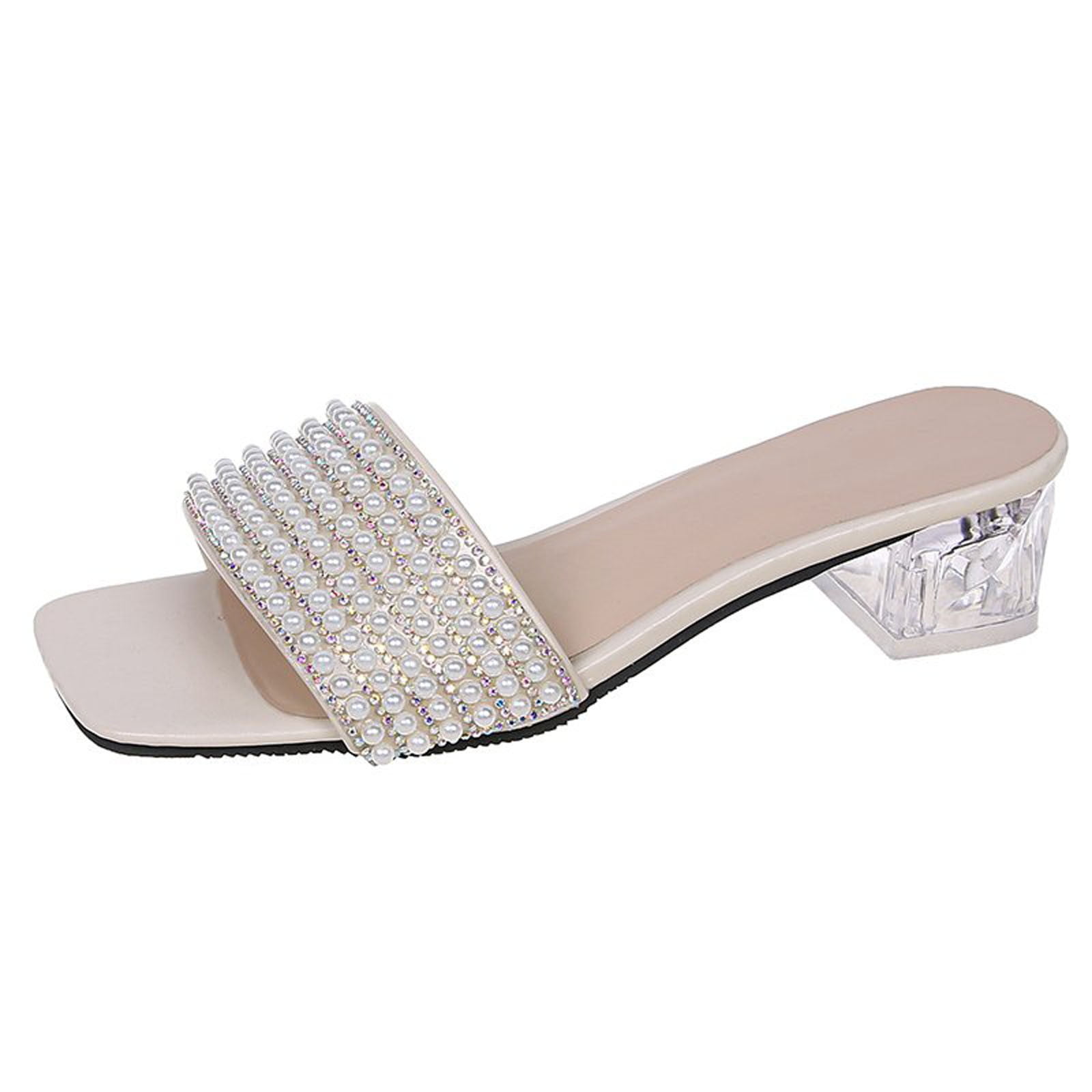 Block Low Heels Slip on Sandals for Women Rhinestone Strap Comfort Outdoors Flatform Slides Shoes Mules