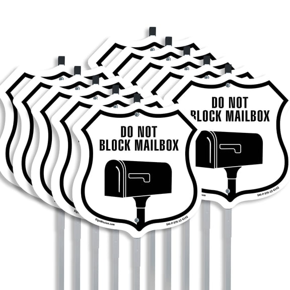 Do Not Block Mailbox (10 Pack) 12 inch X 12 inch Shield Shaped Rust-Free Aluminum Metal Signs with Aluminum Mounting Stakes Weather Resistant Made in the USA