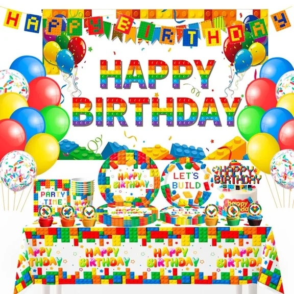 Block Party Building Blocks Party Supplies Tableware Set Decorations &Serves 10