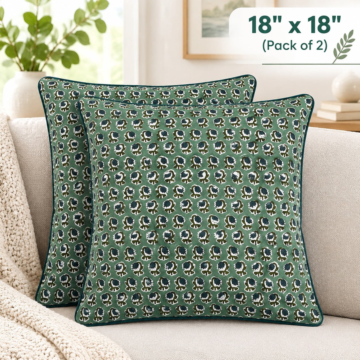 Spring Green Pack Block Print Basil Green Pillow Covers 18