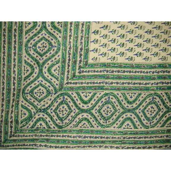 Block Print Indian Tapestry Cotton Bedspread 108" x 88" Full-Queen Green