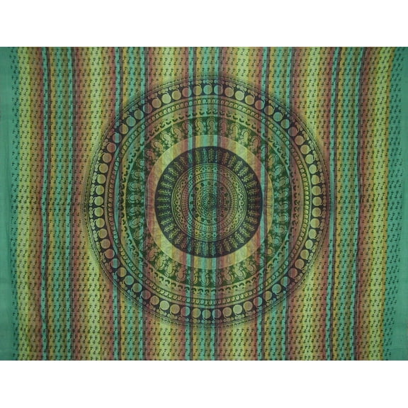 Block Print Mandala Tapestry Cotton Bedspread 106" x 88" Full Seafoam