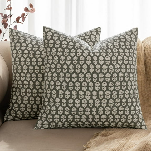 Block Print Pillow Covers 18x18 Inch Set of 2, Vintage Floral Throw Pillow Cases Neutral Linen Farmhouse Cushion Covers for Couch Sofa Bed Chair Living Room Summer, Sage Green