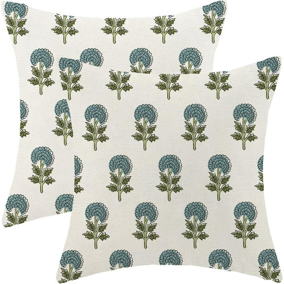 Block Print Pillow Covers 18x18 Pack of 2 Green Blue Floral Throw Pillow Covers Outdoor Decoration,Boho Decorative Flower Pillowcase Farmhouse Decorative Linen Cushion Case for Home Couch Sofa