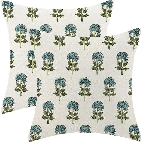 Block Print Pillow Covers 18x18 Pack of 2 Green Blue Floral Throw Pillow Covers Outdoor Decoration,Boho Decorative Flower Pillowcase Farmhouse Decorative Linen Cushion Case for Home Couch Sofa