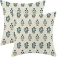 thumbnail image 1 of Block Print Pillow Covers 18x18 Set of 2, Sage Green Blue Floral Decorative Throw Pillowcase, Flower Leaves Farmhouse Outdoor Print Cushion Cover for Sofa Couch Living Room Bed Decor, 1 of 6