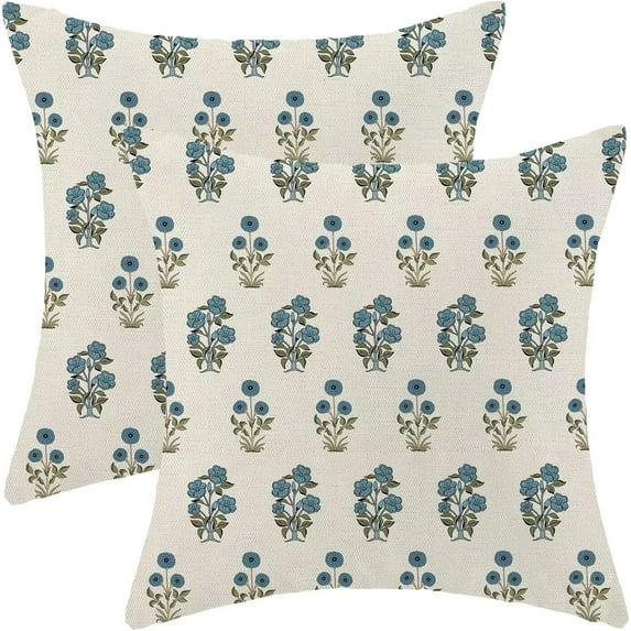 Block Print Pillow Covers 18x18 Set of 2, Sage Green Blue Floral Decorative Throw Pillowcase, Flower Leaves Farmhouse Outdoor Print Cushion Cover for Sofa Couch Living Room Bed Decor